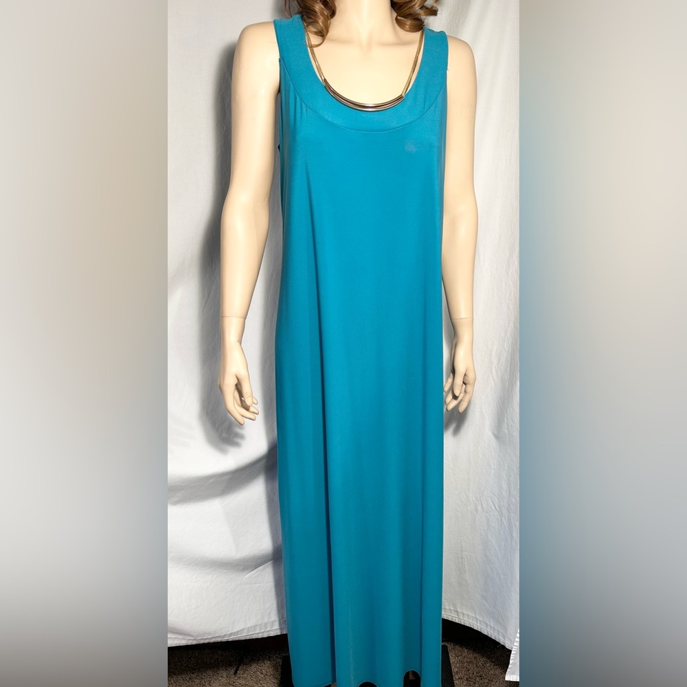 WOMENS XL TURQUOISE PULLOVER SLEEVELESS STRETCH MAXI DRESS W/ GOLD TONE NECKLACE